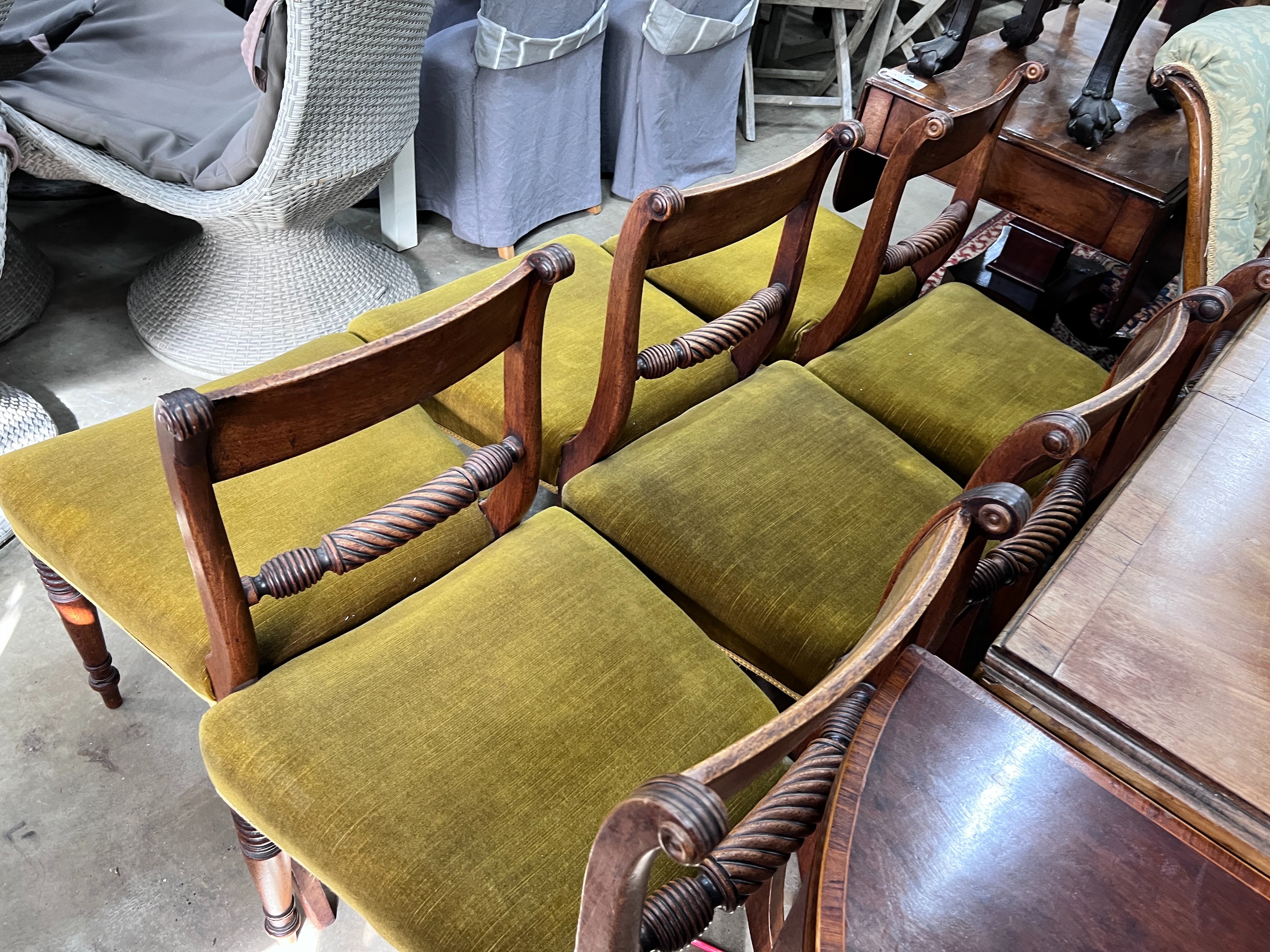 A set of six Regency brass inlaid mahogany dining chairs *Please note the sale commences at 9am.